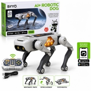 Caine Robot Inteligent AI+ Robotic Dog 30cm, Model 8877, cu Telecomanda 2.4GHz, Control Vocal si prin Aplicatie, Bluetooth, Acumulator 3.7V, Incarcare USB, Miscari Bionice, Lumini si Sunete