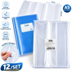 Copertă Transparentă A5 21.5×15cm, 12/set, pentru Caiete, din Plastic PVC Flexibil, Reutilizabilă, Universală - Img 3