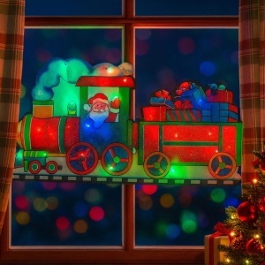 Decorațiune de Geam pentru Crăciun 45x24cm, Mos Craciun in Tren, cu Lumină LED Multicoloră, Model 3D, cu Alimentare la Priză - Img 2