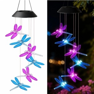 Lampă Solară LED 63cm cu Clopoțel de Vânt, Model cu 6 Libelule din Plastic, Iluminare LED Multicoloră, Panou Solar si Agățătoare Inclusă