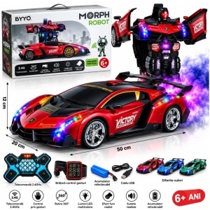 Masina Transformabila in Robot 50x20cm, cu Telecomanda 2.4GHz si Control prin Gesturi, Lumini LED Multicolore, Efect de Fum, Rotire 360°, Sunete, Acumulator Reincarcabil, Diferite Culori - Img 3