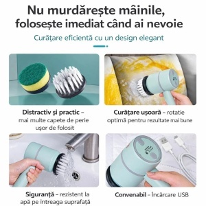 Perie Electrică de Curățare 20.5x8cm cu Rotație si 5 Accesorii Interschimbabile, Reîncărcabilă USB, Diferite Culori - Img 2