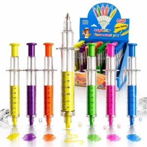 Pix 2 în 1 cu Marker Fluorescent 36/set, Pix cu Bilă, Model Seringă 14cm, Diferite Culori