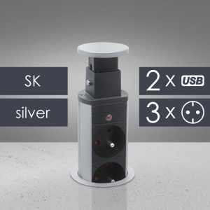 Priză incorporabilă ascunsă - 3 prize + 2xUSB - argintiu, compatibil cu prizele slovace