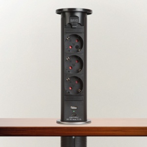 Priză încorporabilă ascunsă motorizată - 3 x 250 V + USB-A, Type-C - negru