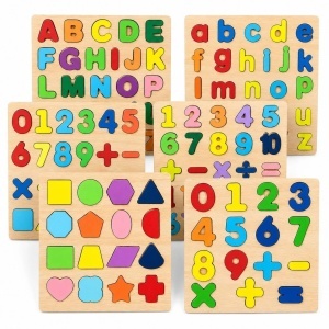 Puzzle Educativ din Lemn 20x20cm, Alfabet, Cifre, Operatii Matematice si Forme Geometrice, Diferite Modele