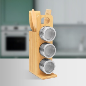 Suport magnetic pentru condimente - cu set de ustensile din bambus - 7 piese - 80 x 135 x 275 mm