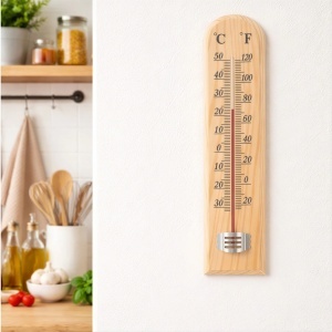 Termometru de Perete 25x5cm, din Lemn cu Afișaj °C și °F pentru Interior sau Exterior