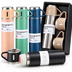 Termos INOX 500ml cu 3 Cesti Tip Capac cu Maner, 22.5cm, in Cutie Cadou, Diferite Culori