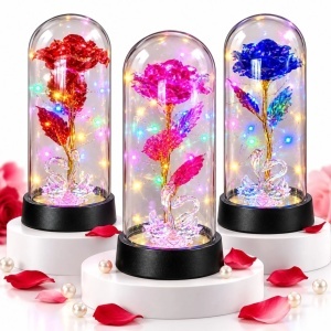 Trandafir Cristalizat 20x9.5cm, cu Lumina LED Multicolor sub Cupola Transparenta, cu Lebede Decorative, Diferite Culori