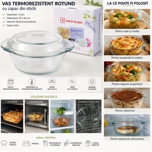 Vas Rotund 18x8.5cm cu Capac, din Sticlă Termorezistentă 1L, pentru Cuptor și Gătit, Model Transparent - Img 2
