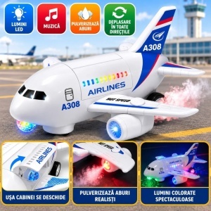 Avion de Jucarie Interactiv A308, 26cm, cu Lumini LED, Muzica, Pulverizare Aburi, Usa Cabina cu Deschidere si Miscare Automata 360° - Img 2