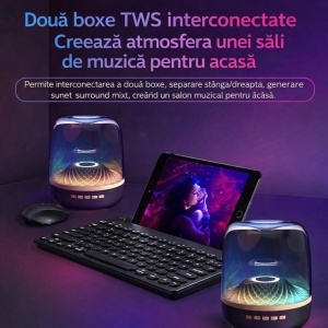Boxă Audio Bluetooth Portabilă 13x11cm Model Cristal Acustic Mini, luminare LED Multicoloră USB - Img 3
