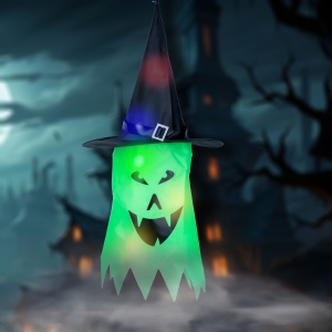 Decor LED Halloween - fantomă - verde - LED 10 culori - suspendabil - 2 x 2032 - 75 x 35 cm