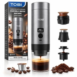 Espressor Portabil Tobi 7.3x24.5cm, 3 in 1, 200ml 72W, pentru Capsule si Cafea Macinata, Incalzire 90°C, Afisaj Digital