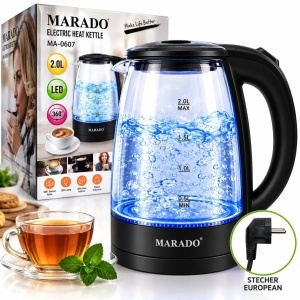 Fierbator Electric 2L, din Sticla 1500W, Iluminare LED, Baza Rotativa 360°