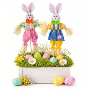 Figurină Decorativă Paște Iepuraș pe Băț 51cm, Figurină 36cm cu Haine Colorate și Detalii din Paie, Diferite Modele