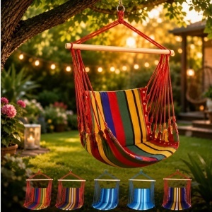 Hamac Scaun din Bumbac 100x50cm, cu Sustinere cu Bare de Lemn Diferite Culori - Img 3