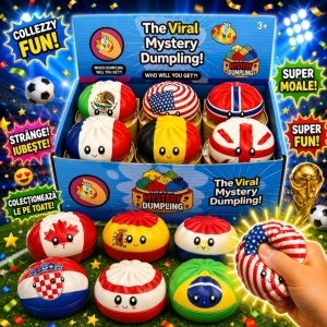 Jucărie Squishy Dumpling 12/set, în Cutie Plastic, 9cm, Antistres, Model Cupa Mondiala Fotbal - Img 2