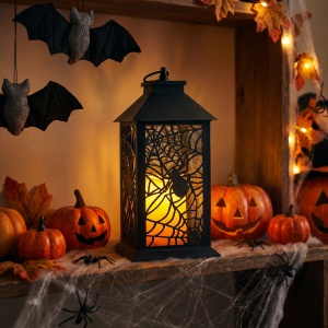 Lampion Halloween cu efect pâlpâitor - păianjen - cu baterii - negru - 30 x 14 cm