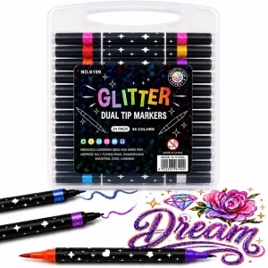 Markere Glitter 24/set, Două Vârfuri în Culori Diferite, 48 Culori Sclipitoare, Fin, în Cutie de Depozitare
