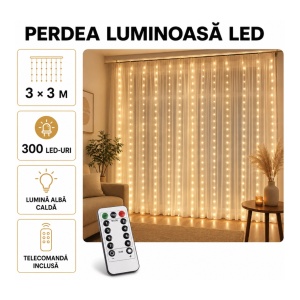 Perdea luminoasă LED 3 x 3 m, 300 LED-uri, lumină alb cald, cu telecomandă