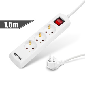 Prelungitor cu 3 prize - 3x1,5 mm - 1,5m - cu 2xUSB - cu întrerupător