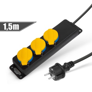Prelungitor de exterior cu capac - 1,5 m - 3 x 230V - 3 x 1,5 mm², cauciuc - IP44