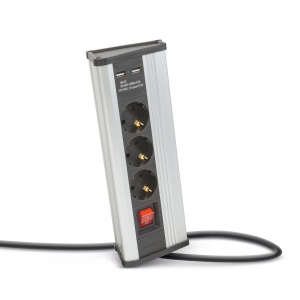 Prelungitor pentru colț - cu întrerupător - 3 x 250V, 16A - 2 x USB, 2.1A - carcasă din aluminiu