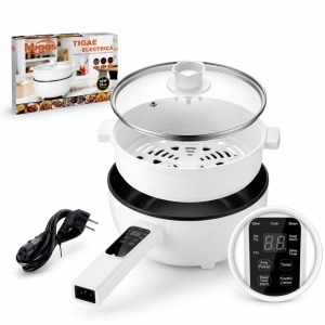 Tigaie Electrică Multifuncțională 26 cm, cu Tavă pentru Gătire la Abur, Strat Ceramic Antiaderent, Capac din Sticlă, Afișaj Digital și Control al Temperaturii