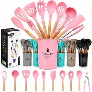 Ustensile de Bucătărie 12/set din Silicon cu Mânere 21cm, din Lemn 500g Diferite Culori