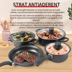 Vase de Gătit 13 Piese, 3 Oale și Tigaie 14–22cm, Antiaderente, 3 Capace din Sticlă Termorezistentă, 6 Ustensile 26cm din Nylon - Img 3
