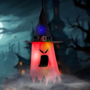 Decor LED Halloween - fantomă - roșu - LED 10 culori - suspendabil - 2 x 2032 - 75 x 35 cm