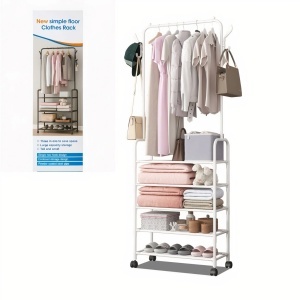 Dulap Organizator 60x29x1.70cm Metalic pe Roți, cu Bară pentru Haine și 5 Rafturi de Depozitare