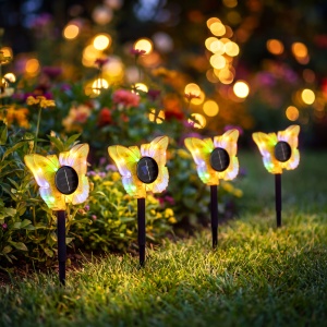 Fluture solar cu țăruș - galben - 13 x 6,5 x 35 cm - LED alb cald + colorat