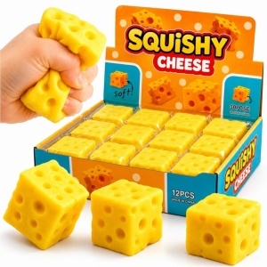Jucărie Squishy Cheese Cube 12/set, Anti-Stres 6.5x6.5cm, Slow Rising, Model Branza