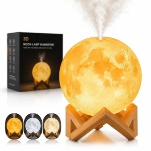 Lampa LED Luna 3D, cu Umidificator și Difuzor Aromaterapie 15cm, 3 Moduri de Iluminare, USB, Suport din Lemn