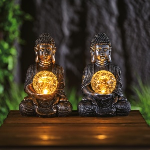 Lampă solară Buddha - 1 LED alb cald - rășină - 17 x 15 x 26 cm - 2 modele