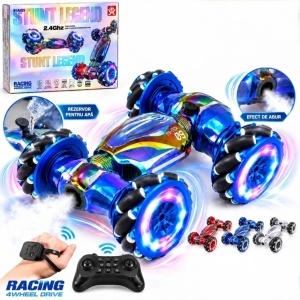 Masina Electrica Stunt cu Telecomanda 42x22cm, 4WD 2.4GHz, Control prin Gesturi, Roti Mecanum, Rotire 360°, Lumini LED, Sunete si Efect de Abur, Diferite Culori