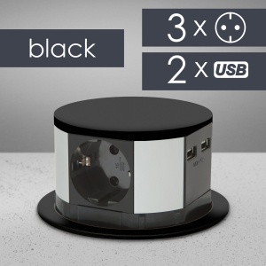 Priză încorporabilă ascunsă - 3 prize + 2 x USB-A + Type-C - USB "PowerDelivery" - negru