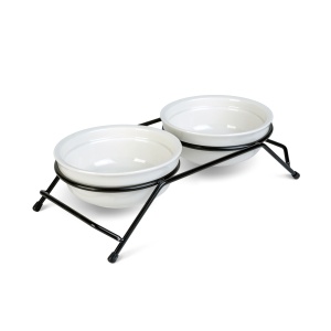 Suport înălțat pentru hrănire cu boluri din ceramică – boluri albe – 30 x 14 x 7,5 cm - Img 3