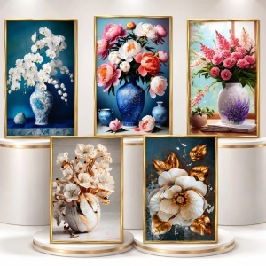 Tablou Decorativ 40x60cm, Model Floral Efect 3D, din Plastic Aurie, Diferite Modele