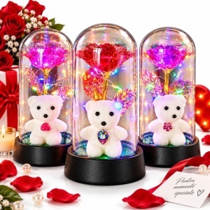 Trandafir Cristalizat 15x8cm cu Lumina LED Multicolor sub Cupola Transparenta, cu Ursulet Decorativ, Diferite Culori