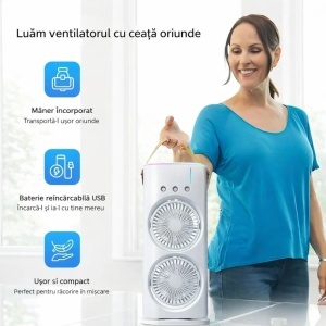 Ventilator Portabil cu Pulverizare Apă 37x16 cm, Răcire cu Gheață, Baterie Reîncărcabilă USB, cu Mâner Iluminare LED Multicolor - Img 2
