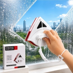Curatator Magnetic pentru Geamuri cu Două Fețe, 16x13.5x6cm, cu Șnur de Siguranță și Bureți de Rezervă, Curățare Interioară și Exterioară Simultană