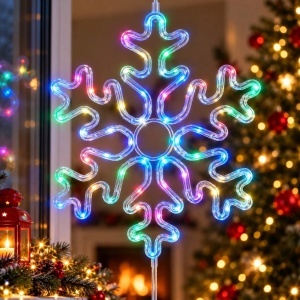 Decoratiune Crăciun 37x31cm Model Fulg cu Lumină Multicoloră LED, 20 Jocuri de Lumini Model Sarpe, Ornament Suspendat Transparent