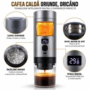 Espressor Portabil Tobi 7.3x24.5cm, 3 in 1, 200ml 72W, pentru Capsule si Cafea Macinata, Incalzire 90°C, Afisaj Digital - Img 2