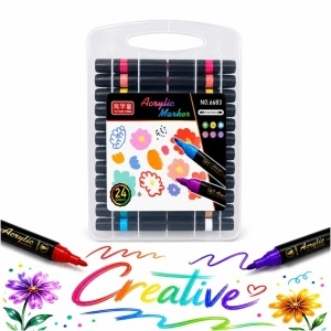 Markere Acrilice 24/set pe Bază de Apă, Două VârfurI, Pensulă Soft Brush, în Cutie Transparentă cu Mâner
