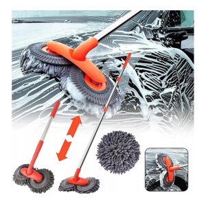 Mop auto portocaliu cu coadă telescopică și cap rotativ din microfibră
