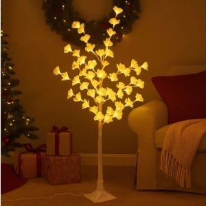 Pom Decorativ 165cm, Brad Artificial de Craciun, cu Lumina LED Alb Cald, Model Floare Galbena, pentru Interior si Exterior
